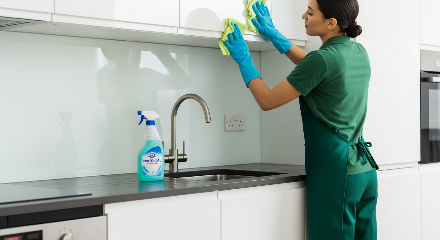 Professional cleaner in green uniform deep cleaning kitchen cabinets in a Manchester flat
