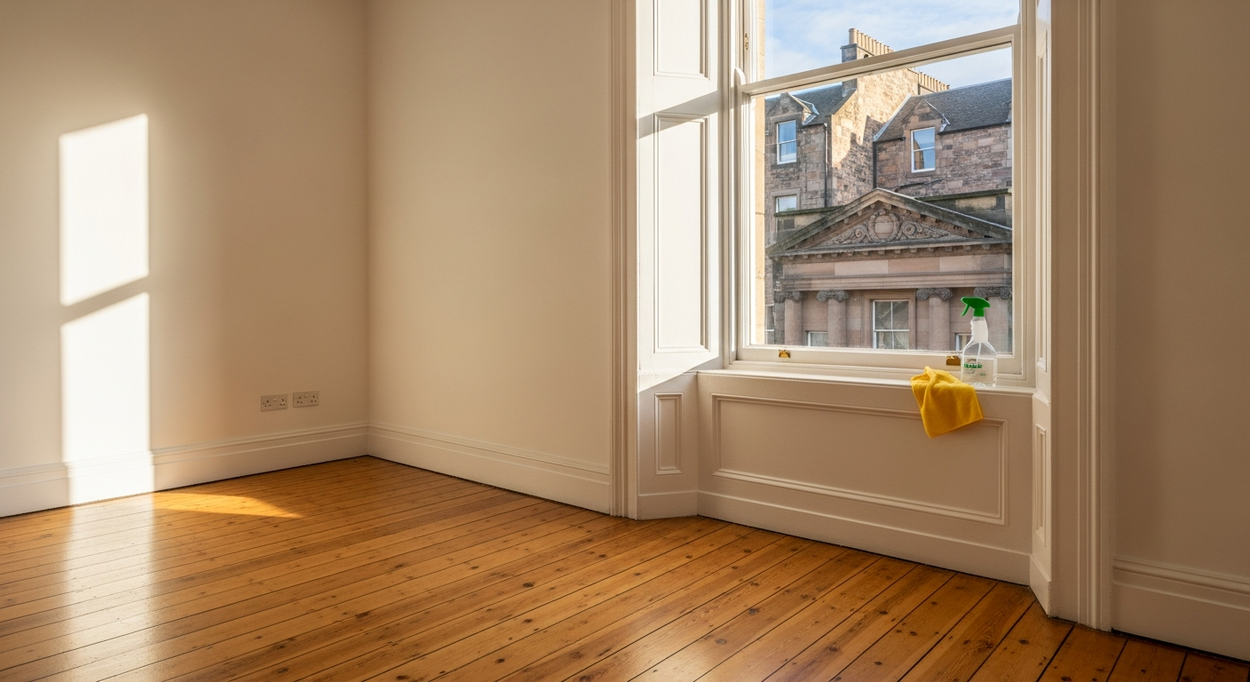 Clean, empty Edinburgh flat living room ready for new tenants after professional end of tenancy clean