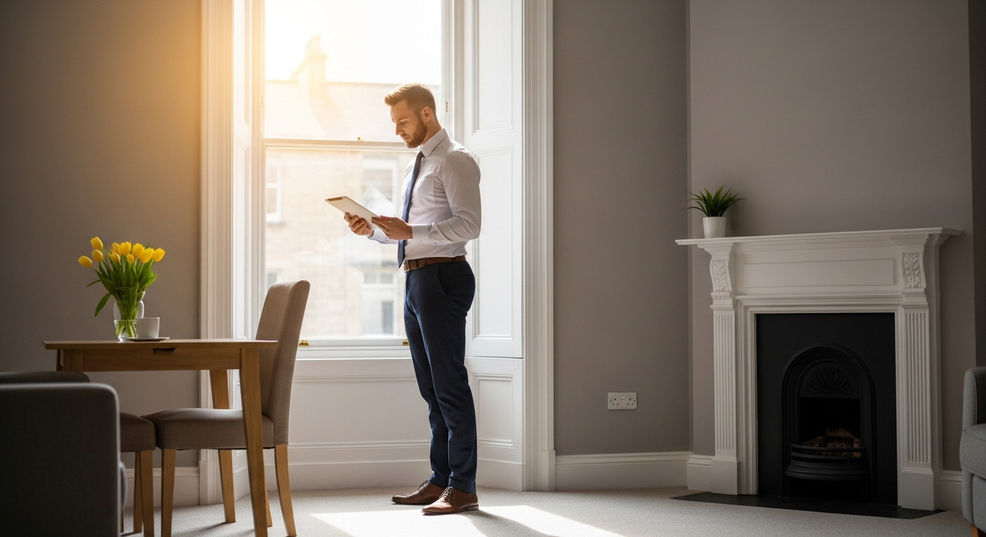 Letting agent reviewing property condition on a tablet in a clean Edinburgh flat after end of tenancy clean